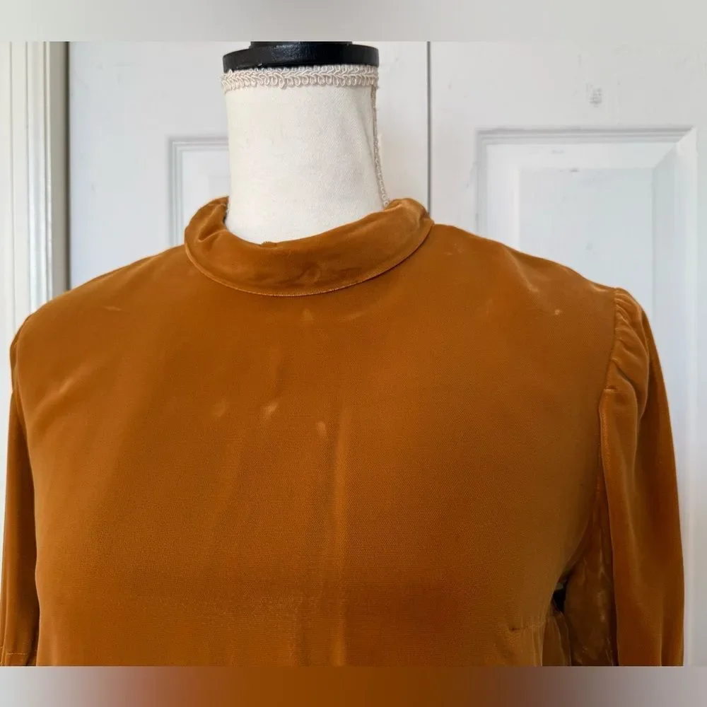 1970s Mustard Colored Rich Velvet High-Collar Dress